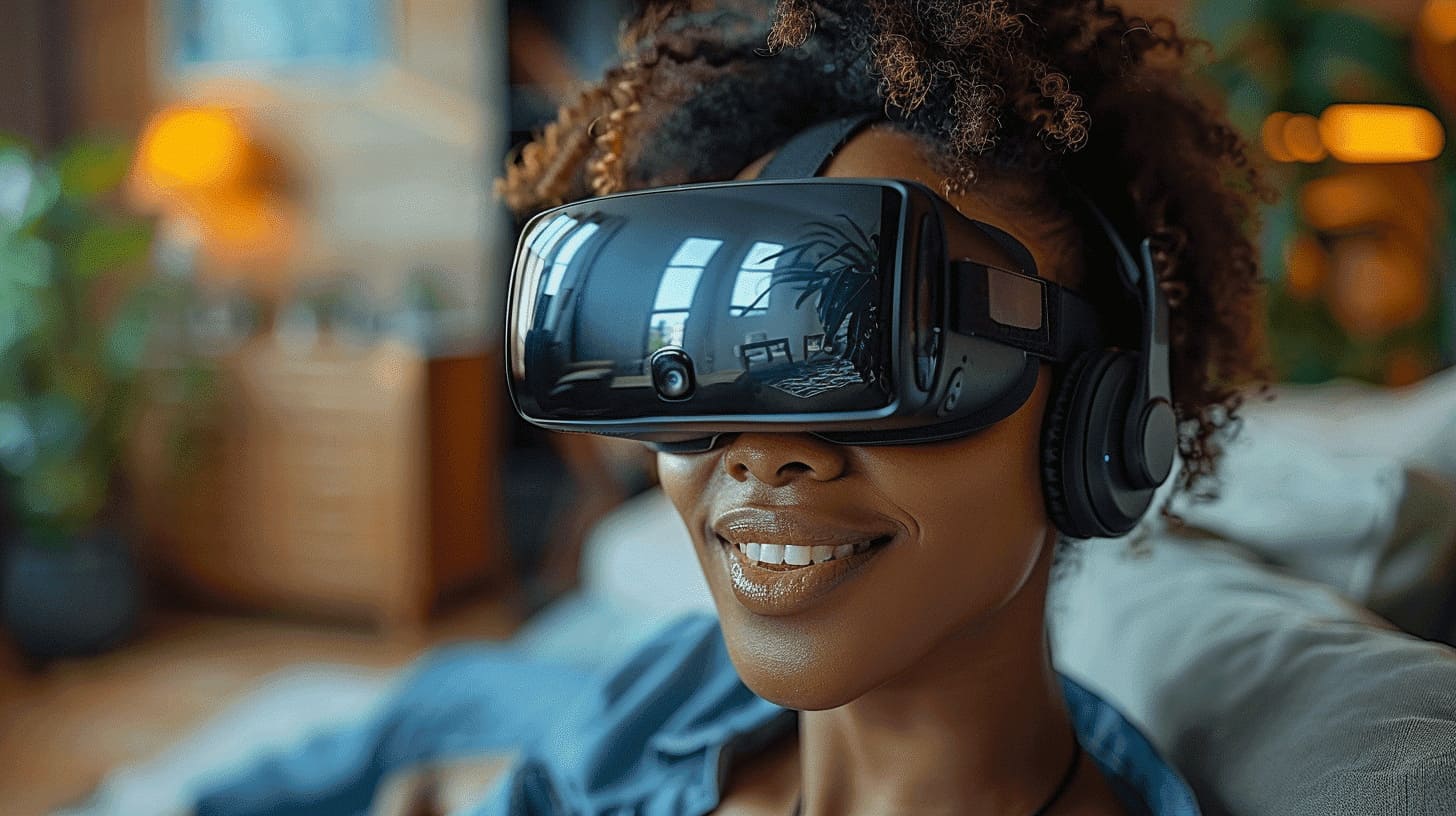 Girl in virtual reality goggles looking at real estate